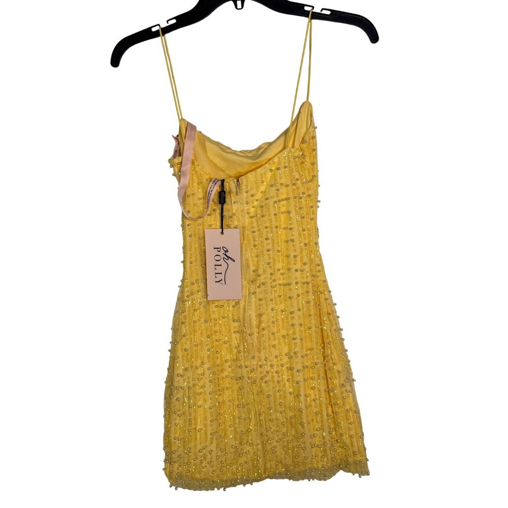 Oh Polly Yellow Pearl Sequin Mesh Mini Dress Spaghetti Strap Bodycon US 2 new - Picture 5 of 9